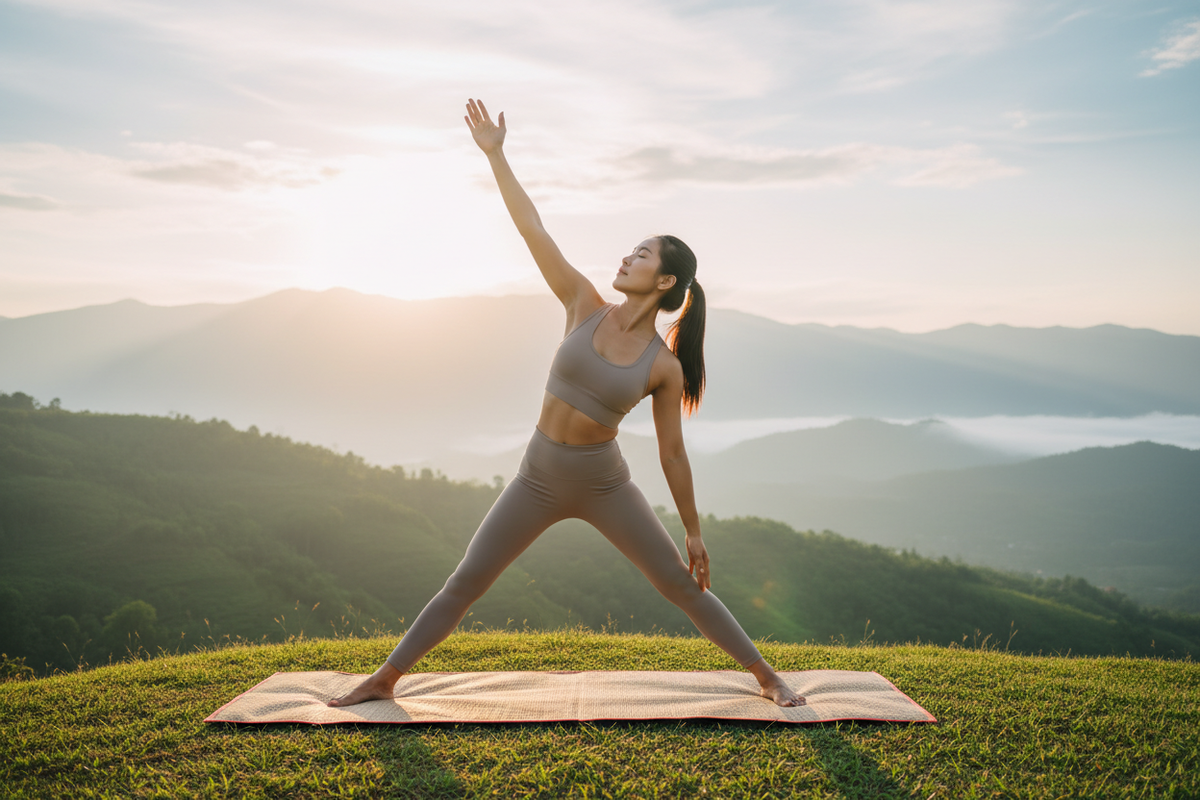 Yoga at Sunrise - Pink & Blue Sky